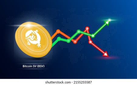 Bitcoin SV coin yellow. Cryptocurrency token symbol with stock market investment trading graph green and red. Coin icon on dark  background. Economic trends business concept. 3D Vector illustration.