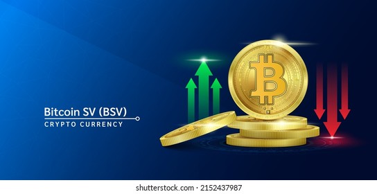 Bitcoin SV token cryptocurrency banner. Future currency on blockchain stock market with red-green arrows up and down. Gold coins crypto currencies. Banner for news on a solid background. 3D Vector.
