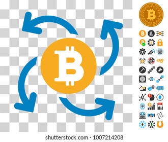 Bitcoin Swirl Cashout pictograph with bonus bitcoin mining and blockchain pictures. Vector illustration style is flat iconic symbols. Designed for cryptocurrency ui toolbars.