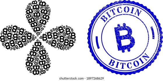 Bitcoin swirl flower with four petals, and blue round BITCOIN rubber print with icon inside. Object flower organized from oriented bitcoin items. Vector flower collage in flat style.