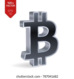 Bitcoin symbol. 3D isometric Silver Bitcoin Sign. Digital currency. Cryptocurrency. Vector illustration