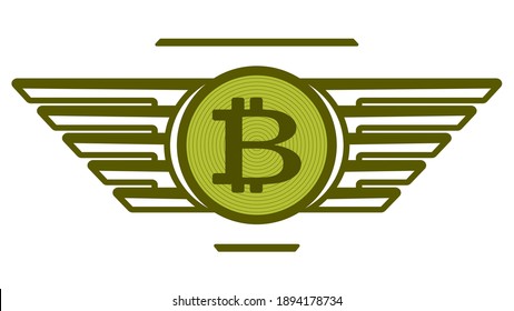 Símbolo de bitcoin con alas abstractas, ilustración vectorial, diseño plano. 