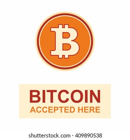 Bitcoin symbol and bitcoin accepted here words on decorative background