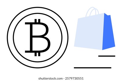 A Bitcoin symbol alongside a shopping bag with a letter S. Ideal for e-commerce, digital transactions, cryptocurrency, online shopping, and financial technology. Simple and clean style