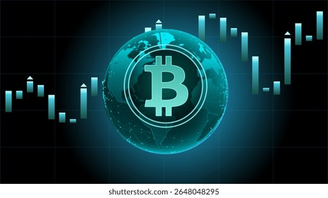 O símbolo Bitcoin aparece na frente de um fundo de gráfico de negociação de moeda digital. Conceito de investimento em criptomoedas e análise do mercado financeiro.