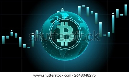 The Bitcoin symbol appears in front of a digital currency trading chart background. Concept of cryptocurrency investment and financial market analysis.