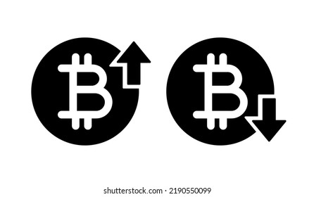 bitcoin symbol with arrow up and down rounded black vector icons, cost reduction and raising, cryptocurrency price icon