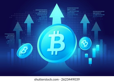 Bitcoin Symbol with Arrow Up Trading Growth Graph Backgrounds or Digit Cryptocurrency Investment Concept representing Innovation Futuristic Banking Financial Concepts