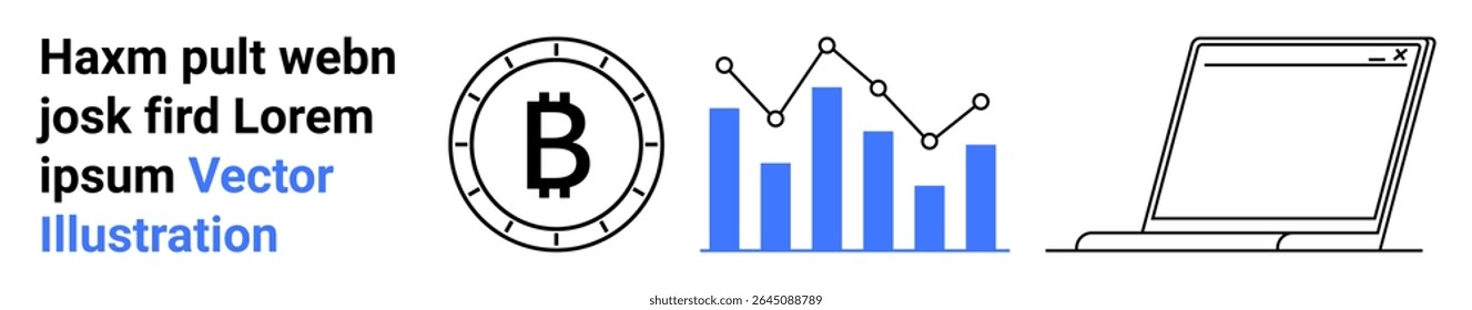 Símbolo Bitcoin, gráfico de barras com gráfico de linhas e um ícone de laptop. Ideal para tecnologia financeira, criptomoeda, análise de dados, estratégia de negócios, investimento, blockchain e projetos fintech. Aterrissagem