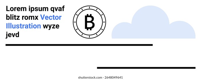 Símbolo Bitcoin em preto rodeado por um design circular com elementos de texto à esquerda e uma nuvem azul. Ideal para fintech, criptomoeda, blockchain, moeda digital, investimentos, temas tecnológicos