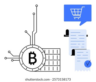 Bitcoin symbol with blockchain circuits presented alongside shopping cart icon and rolled receipts. Ideal for digital payments, e-commerce, blockchain, cryptocurrency, financial technology, modern