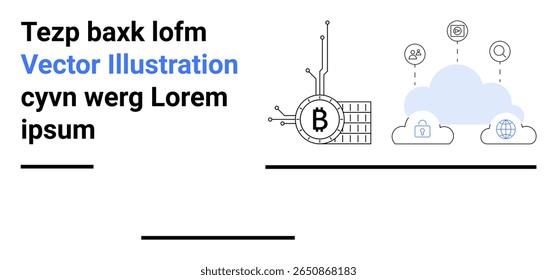 Símbolo Bitcoin, links blockchain e ícones de computação em nuvem se conectam digitalmente. Ideal para soluções fintech, segurança cibernética, blockchain, criptomoeda, armazenamento em nuvem, proteção de dados e tecnologia