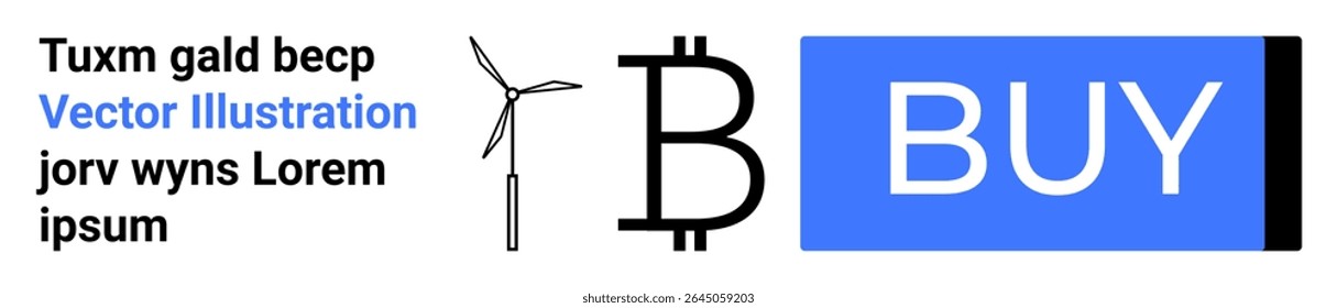 Símbolo Bitcoin, botão COMPRAR azul, turbina eólica e texto adjacente em preto. Ideal para e-commerce, criptomoeda, energia renovável, compras on-line, transações digitais, fintech, usuário moderno