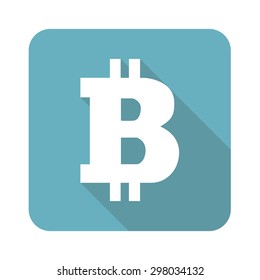 Bitcoin symbol in blue square, isolated on white