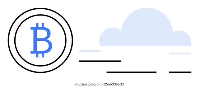 Bitcoin symbol in blue within a circle next to a stylized light blue cloud. Ideal for digital currency concepts blockchain technology cryptocurrency cloud computing online transactions modern finance