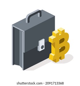 Maletín con símbolo de bitcoin. Vector 3d línea isométrica, iconos de color web, nuevo estilo plano. Idea de diseño creativo para infografías.