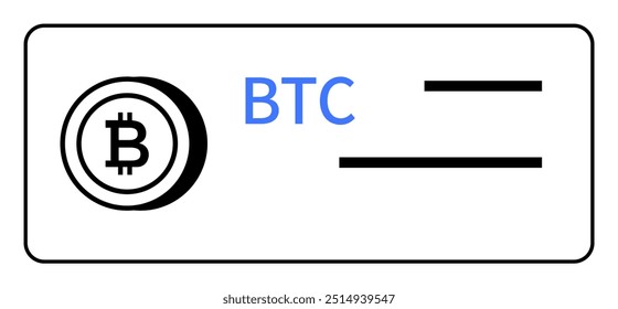 Bitcoin symbol, BTC text, and horizontal lines in black and blue. Ideal for cryptocurrency, blockchain, digital assets, financial technology, and minimalistic design themes. Three words about style