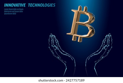 Bitcoin symbol carrying in hands. Golden currency crypto currency banking system. Economy commerce network blockchain vector illustration