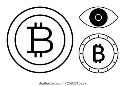 Bitcoin symbol in center of two circles eye icon above clock icon with Bitcoin symbol below. Ideal for finance, digital currency, investment, technology, future trends, time management, secure