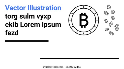 Símbolo Bitcoin em círculo, moedas digitais espalhadas, texto de espaço reservado. Ideal para criptomoeda, finanças, blockchain, moeda digital, tecnologia, investimento, página de destino fintech