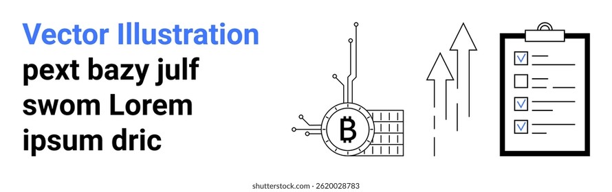 Bitcoin symbol circuit board, upward arrows indicating growth, checklist on clipboard with checkmarks. Ideal for technology, cryptocurrency, finance, business growth, productivity, project