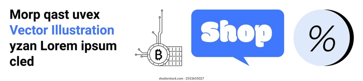 Bitcoin symbol with circuit elements, a speech bubble containing the word Shop, and a circular percentage sign. Ideal for e-commerce, cryptocurrency, online shopping, discount promotions, and digital