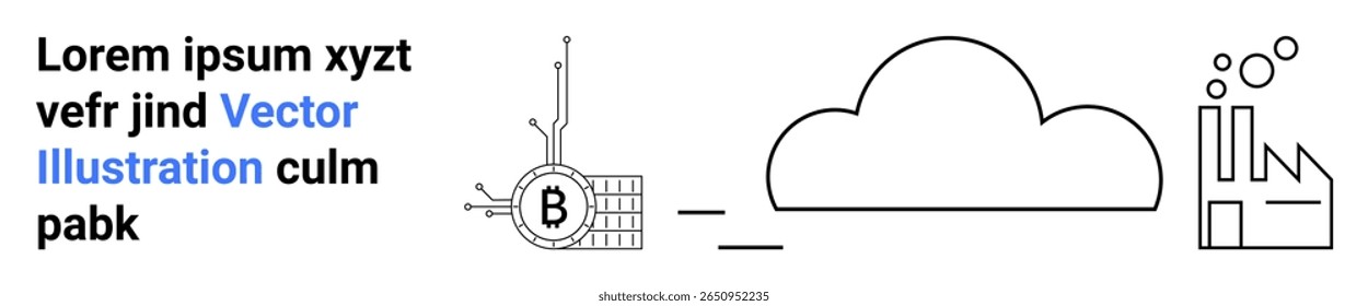 Bitcoin symbol with circuit lines, cloud, and factory with chimneys and bubbles. Ideal for finance, technology, cloud solutions, manufacturing, data storage, digital transformation, Industry 4.0
