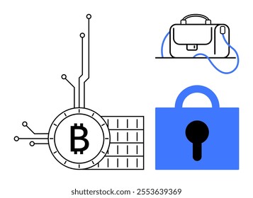 Bitcoin symbol with circuit lines, a digital wallet, and a blue padlock. Ideal for blockchain, cryptocurrency, digital finance, online security, and fintech topics. Minimalist style with clean lines