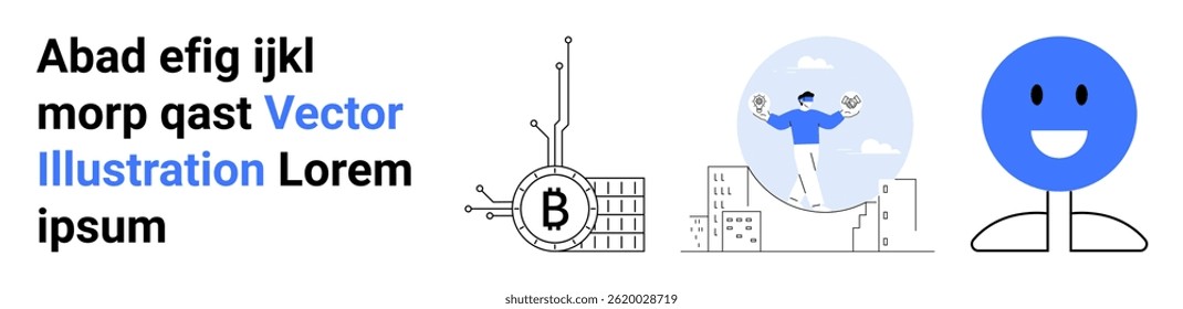 Bitcoin symbol with circuit, person celebrating with coins, happy blue face, random text. Ideal for technology, finance, success, emotion, cryptocurrency, digital art, positive vibes. Landing page