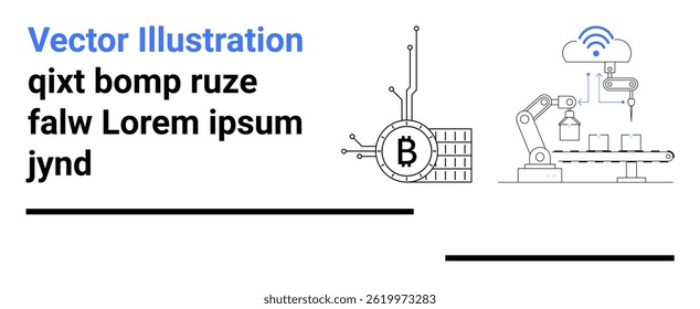 Bitcoin símbolo com circuito, braço robótico manipulação de objetos, ícone de sinal sem fio. Ideal para finanças, tecnologia, automação, robótica, criptomoeda, blockchain, fabricação Landing page