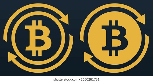 Símbolo Bitcoin com desenho de seta circular na cor dourada. Ícone de vetor.