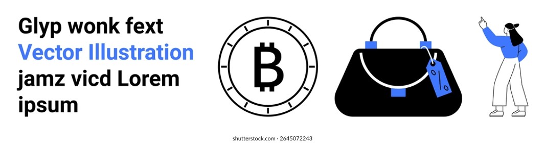 Bitcoin symbol in a circular frame, black handbag with blue accents, woman in blue sweater taking selfie. Ideal for finance, cryptocurrency, fashion, social media, modern living, technology, online