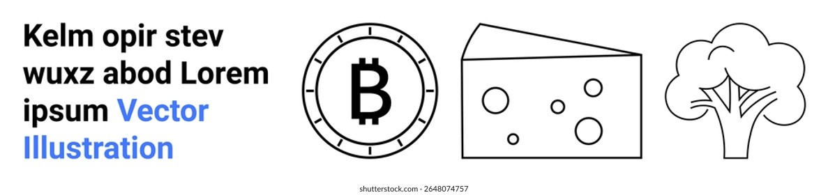 Bitcoin symbol in a coin, triangular Swiss cheese piece, and abstract tree. Ideal for finance, food industry, sustainability, minimalism, vector graphics, web design, and education materials. Landing