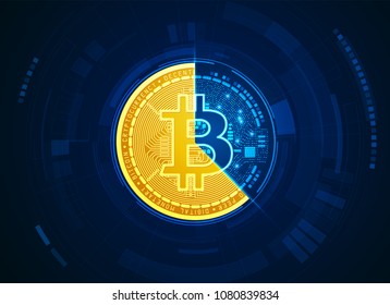 bitcoin symbol combined with electronic board pattern in digital technological theme, concept of cryptocurrency online trading