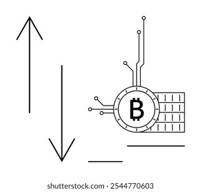 Bitcoin symbol connected to circuit lines next to up and down arrows. Ideal for cryptocurrency, blockchain technology, digital finance, market trends, trading dynamics. Line art style
