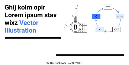 Símbolo Bitcoin conectado a circuitos, fluxo de elementos de programação formando um ciclo. Ideal para start-ups de tecnologia, educação criptomoeda, apresentações blockchain, blogs fintech, tutoriais de codificação