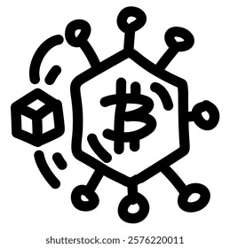 Bitcoin symbol connected to multiple nodes, symbolizing blockchain technology and cryptocurrency network. Perfect for educational materials, presentations, and designs related to cryptocurrency