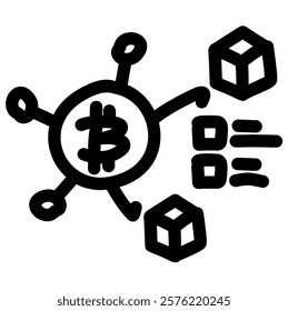 Bitcoin symbol connected to multiple nodes and sending out data packets, symbolizing blockchain technology and cryptocurrency transactions. Perfect for educational materials