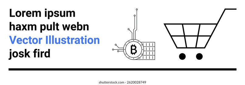Bitcoin symbol connected to technology nodes, shopping cart frame. Ideal for fintech, e-commerce, blockchain, cryptocurrency, online shopping, digital transactions, tech startups. Landing page