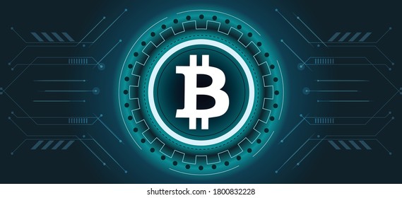 Bitcoin symbol with crypto currency themed background design. Modern neon color banner for BTC or bitcoin logo icon. Blockchain technology & trade exchange concept.