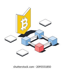 Bitcoin symbol, cryptocurrency cubes. Vector 3d line isometric, color web icons, new flat style. Creative illustration, design idea for infographics.