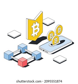 Bitcoin symbol, cubes cryptocurrency, smartphone screen coins. Vector 3d line isometric, color web icons, new flat style. Creative illustration, design idea for infographics.