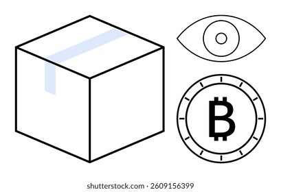 Bitcoin symbol, cubic package, and surveillance eye. Ideal for cryptocurrency transactions, blockchain technology, logistics tracking, digital currency security, supply chain transparency - Powered by Shutterstock - Get 15% off with code: PIKWIZARD15