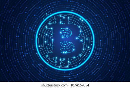 bitcoin symbol with digital electronic board pattern background, concept of cryptocurrency technology