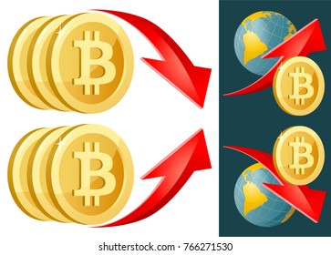 Bitcoin symbol with up and down rate arrows. Vector illustration. On dark background and isolated on white. Elements is grouped. No transparent objects.