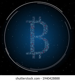 The bitcoin symbol filled with white dots. Pointillism style. Some dots is red. Vector illustration on blue background with stars