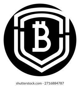 Símbolo Bitcoin encontrando proteção segura dentro de um ícone de escudo, representando segurança financeira, segurança de ativos digitais, tecnologia blockchain e investimento robusto em criptomoedas