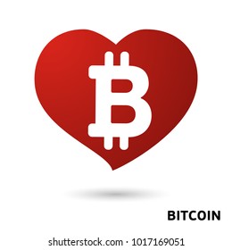 Bitcoin symbol in flat design for internet money. Symbol currency in red heart. Vector illustration isolated on white background.