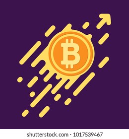 Bitcoin symbol in flat design for internet money. A symbol of crypto currencies and coin pictures quickly moving up. bright Vector illustration on a dark purple background.