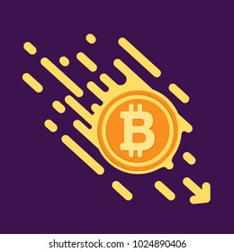 Bitcoin symbol in flat design for internet money. A symbol of crypto currencies,  coin quickly fall down. bright Vector illustration on a dark purple background.